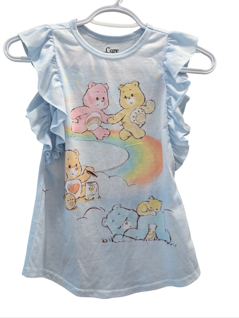 🌞4/20$ Care Bears Light Blue Ruffle Sleeve Nightgown with Rainbow Print